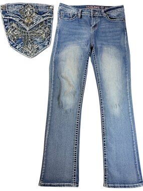 Rebel & Soul Bootcut Jeans Blue Embellished Cross Pockets Bling Y2K Cowgirl 12